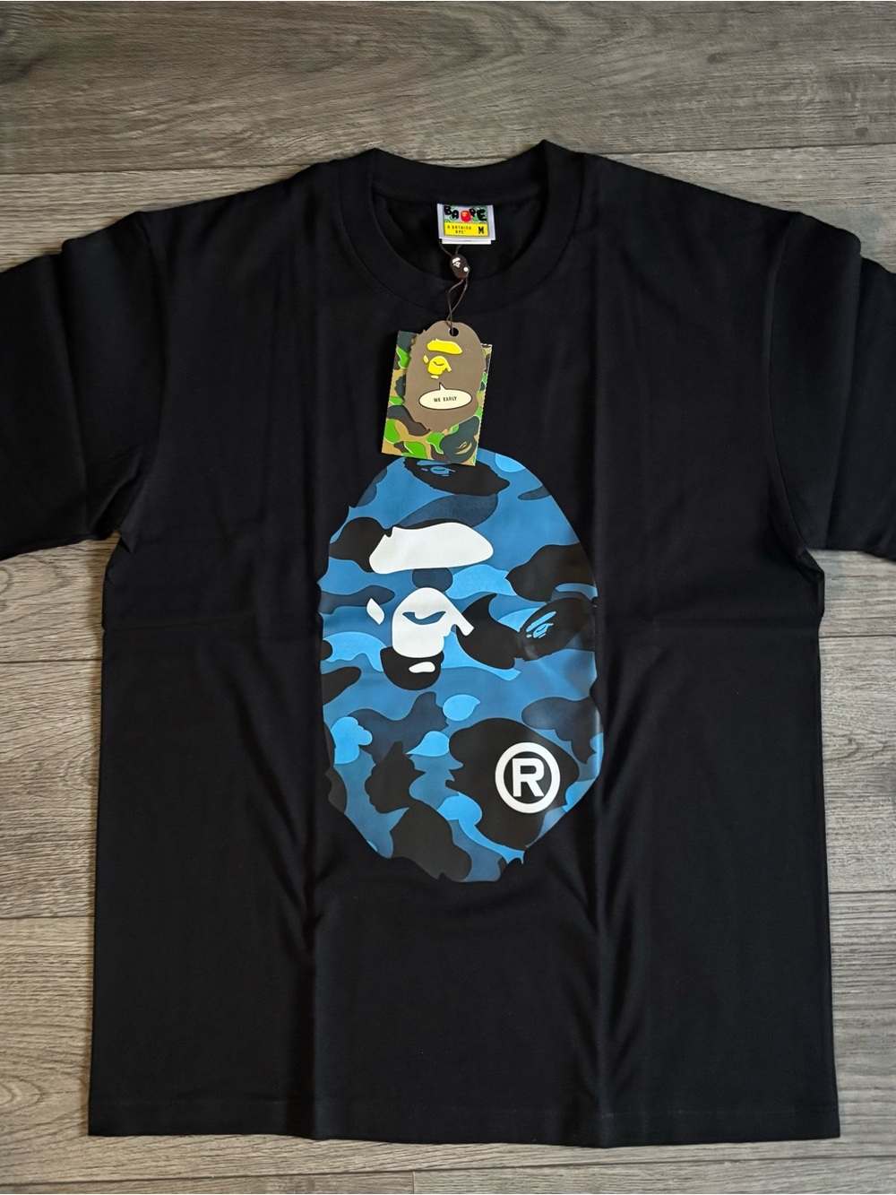 Bape Black Tee with Blue Camo Ape Head Graphic